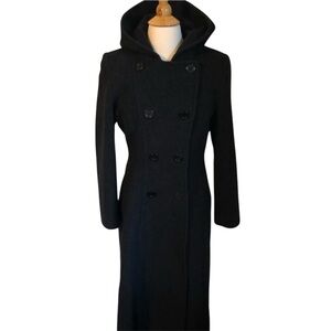 Anne Klein Black 100% Wool Double breasted Maxi hooded coat with buttons Size 6